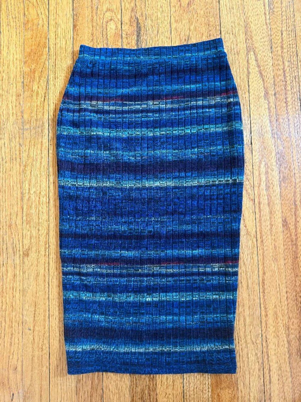 Summer & Sage Blue Space Dye Ribbed Knit Lined Pencil Midi Skirt, Size Small